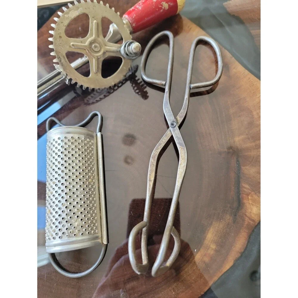 Vintage Kitchen Utensils Tongs, Mixer, Grater